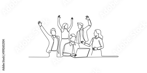 A line drawing of a group of business people celebrating with their hands raised in a meeting with a laptop