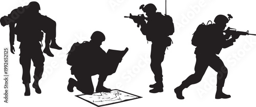 Military, soldiers, tactical, operations, black, silhouettes, icons, 4 vector graphics