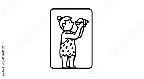 Caveman holding seashell to ear, ancient person listening to ocean sound, prehistoric life