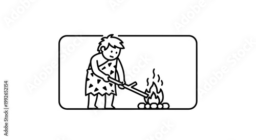 Caveman ignites campfire with stick, prehistoric man discovery of fire, ancient history
