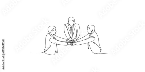 Continuous line drawing of three businessmen joining hands in a circle on white background