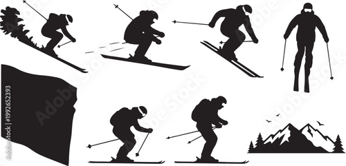 Skiing silhouettes, winter sports icons, black vector graphics, ski set, mountain activities