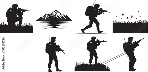 Military soldier silhouettes, combat icons, army men, tactical graphics, black vector set