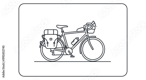Touring Bicycle with Panniers and Water Bottle, Line Art Illustration