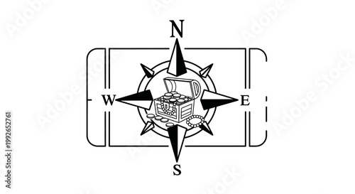 Treasure Chest Compass Rose Nautical Map Adventure Pirate Gold Coins Jewels