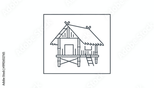 Traditional stilt house icon, simple line art drawing of a tropical hut on stilts with thatched roof.