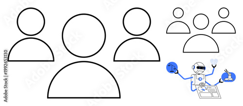Team management, AI integration, collaborative tools, workflow automation, digital technology, productivity solutions. Outline of people icons with a robot handling tasks. Team management and AI
