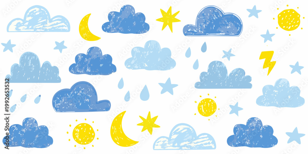 Obraz premium Colorful childlike drawing of clouds suns moons stars and rain