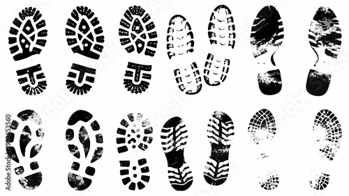 Collection of black shoe prints and footprints on a white background