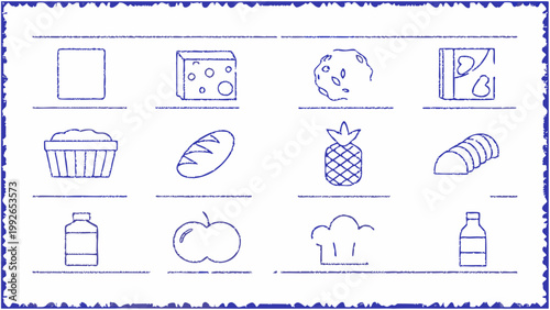 Hand drawn illustration of various food items and beverage containers