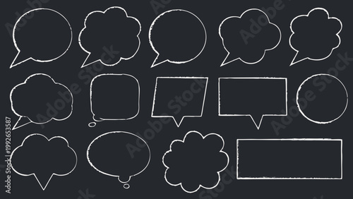 Collection of hand drawn white speech and thought bubbles on black background