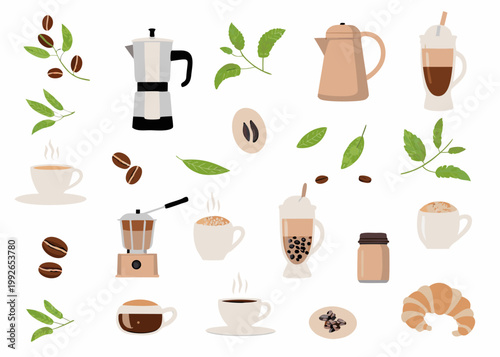 Coffee elements beans pots cups and pastries in a flat lay style