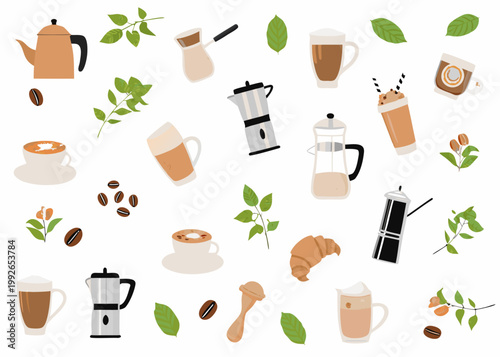 Variety of coffee beverages brewing equipment and sweet pastries illustrated