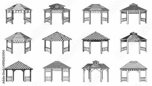 Collection of various gazebo and pavilion designs in black and white