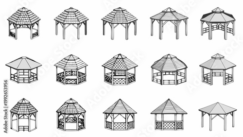Collection of architectural gazebo designs in black and white sketches