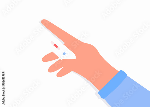 A hand points with a small bandage on the index finger