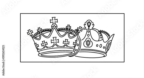 Two Royal Crowns Illustration, Symbol of Power and Royalty, Black and White Line Art