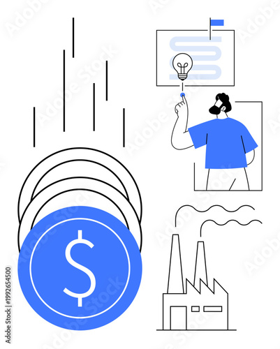 Financial growth, industrial development, innovation, investment, economic planning, business strategy, entrepreneurship. Coins factory and person pointing to a light bulb. Financial growth
