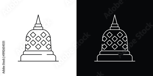 Outline icon illustration of a temple stupa with a diamond pattern on a white and black background