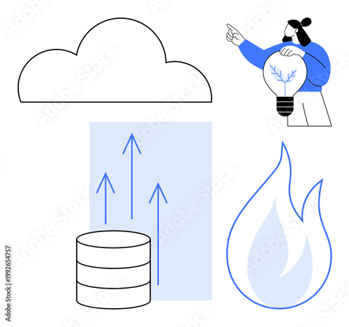 Technology, cloud storage, innovation, data transfer, database management, energy solutions. Cloud, person with lightbulb flame arrows and database. Innovation and cloud storage concepts