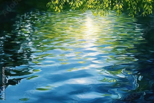 Sunlit blue-green water with overhanging leafy branch, shimmering reflections and gentle ripples, calm tranquil mood