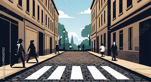 City street with buildings and pedestrian crossing.