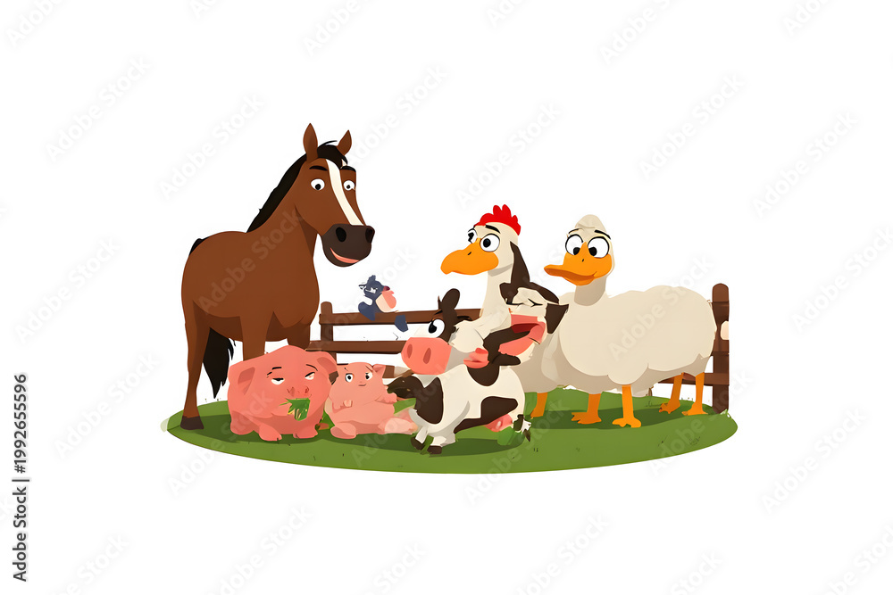 Naklejka premium Cute Cartoon Farm Animals Collection with Horse Cow Pig and Poultry