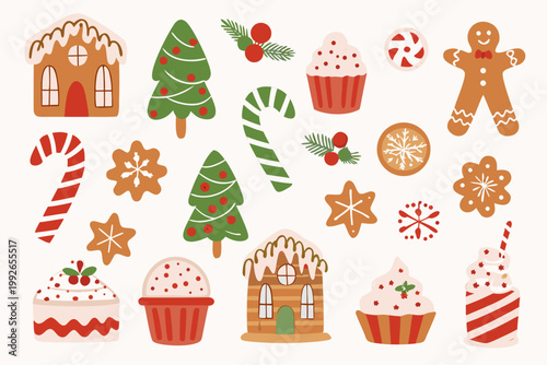 Festive collection of hand drawn christmas sweets and decorated winter treats
