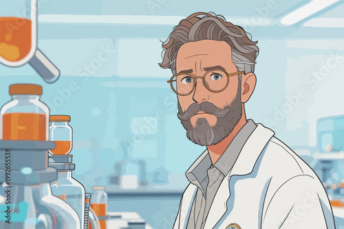 Scientist works in a laboratory surrounded by equipment and experiments in a busy research environment in the afternoon light