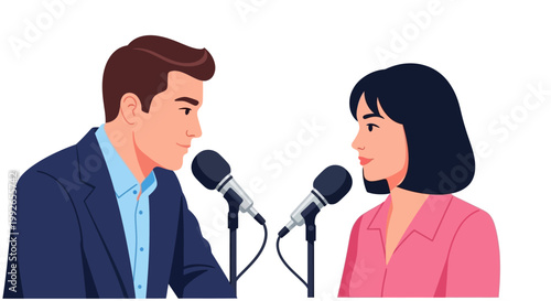 Two people talking at microphones in discussion.