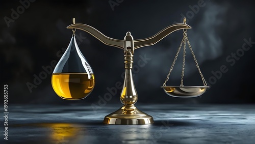 crude oil price demand supply concept, balance scale with oil droplet tipping to demand side against empty supply pan under dark lighting