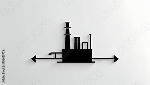 crude oil price demand supply concept, minimal black oil refinery silhouette flanked by two opposing arrows showing supply and demand divergence