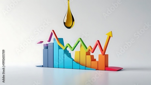 crude oil price demand supply concept, 3D render of an oil drop transforming into two fluctuating line graphs over a colorful bar chart