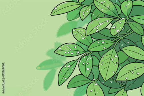 Fresh green leaves with water droplets against a light green background during daytime in a natural setting