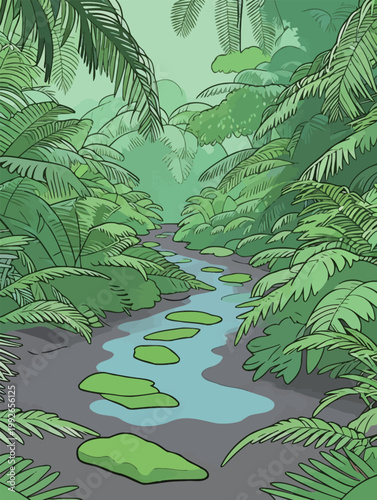 Lush forest path with water stream and green foliage in the jungle during daylight hours