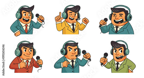 Cartoon broadcasters with microphones and headsets various poses