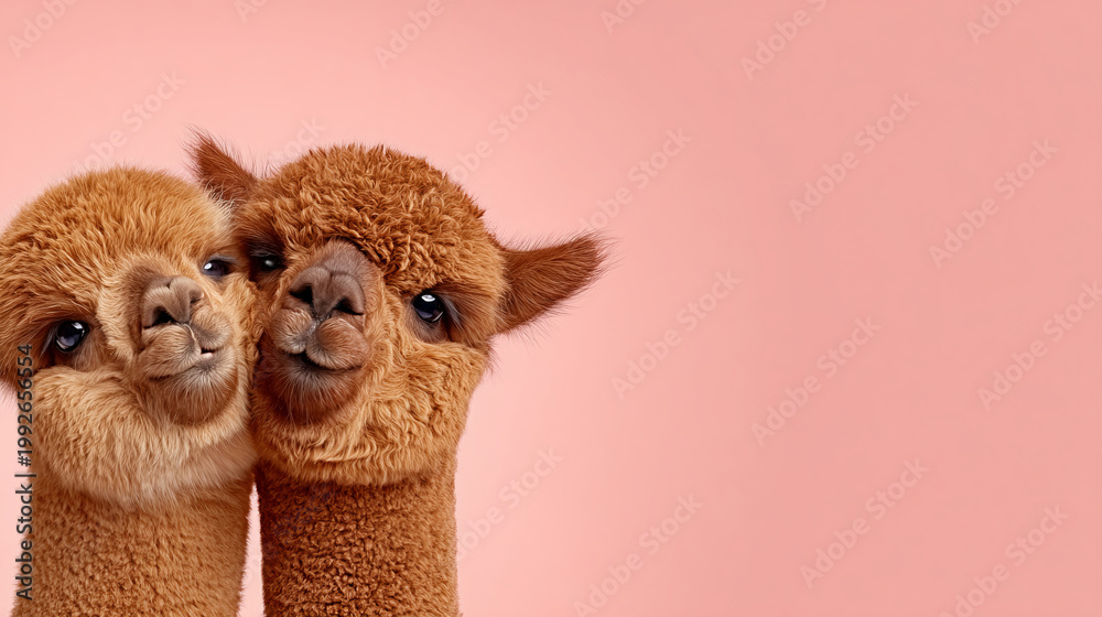 Fototapeta premium A charming and heartwarming portrait of two brown alpacas leaning close together against a solid, soft pink background. Their fluffy, textured wool 