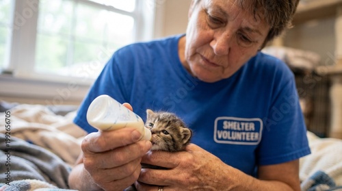 A dedicated shelter volunteer carefully bottle-feeds a tiny tabby kitten, offering nurturing care.