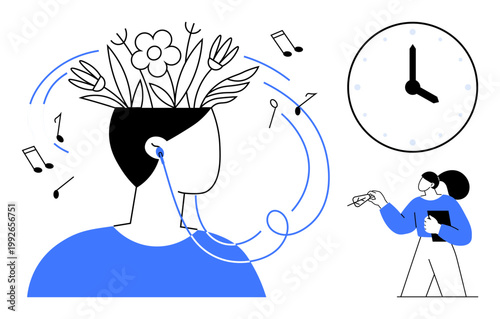 Mental wellness, productivity, creativity, therapy, mindfulness, time management. A person wearing headphones grows flowers from their head as music flows, alongside a clock and organizer. Mental