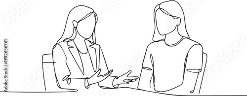 Continuous line drawing of two women sitting at a table talking