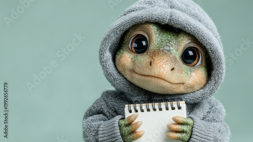 An adorable, anthropomorphic baby turtle wearing a cozy gray hooded sweatshirt. The character features large, expressive eyes and a gentle smile, holding a tiny blank notebook with its claws against 