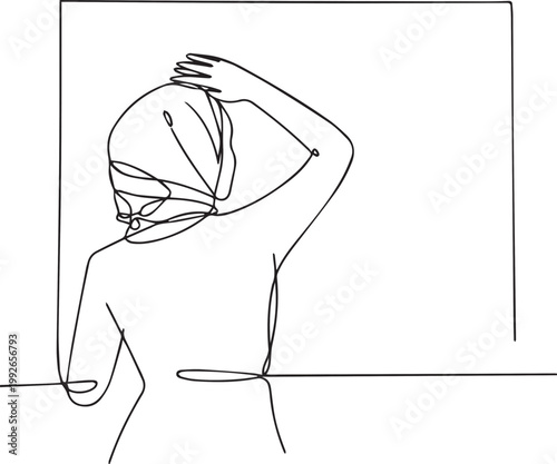 Continuous line drawing of a woman with towel on her head