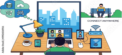 Remote work, office workspace, business productivity, technology icons, vector illustration