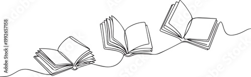 Three open books connected by a flowing ribbon on white background