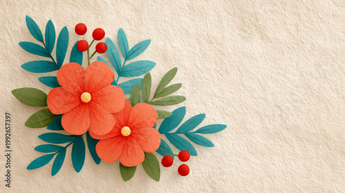 A clean and charming paper-craft illustration featuring two vibrant orange flowers with yellow centers. The floral arrangement is accented by teal and green leaves and small red berries