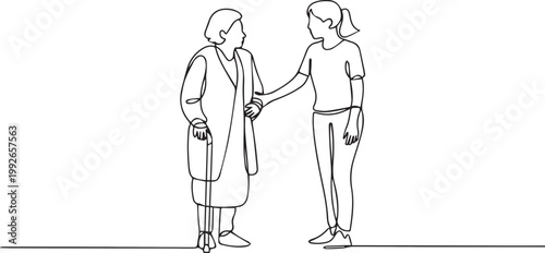 Continuous line drawing of a young woman supporting an elderly woman