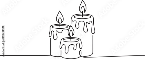 A line drawing of three lit candles with melted wax on a white background