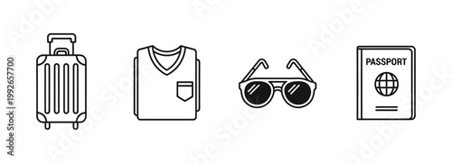 Travel essentials A packed suitcase, folded sweater, sunglasses, and passport for your next adventure, capturing the spirit of exploration and wanderlust