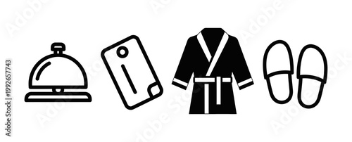 Hotel amenity icons reception bell, key card, bathrobe, slippers. Essential outline symbols for hospitality, travel, and guest comfort services