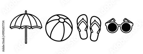 Essential Summer Beach Icons A Set of Outline Graphics with Umbrella, Beach Ball, Flip-Flops, and Sunglasses, Ideal for Travel and Vacation Themes